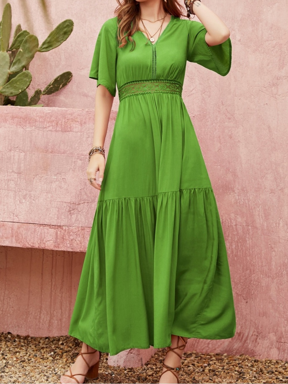 Lace Detail V-Neck Short Sleeve Dress